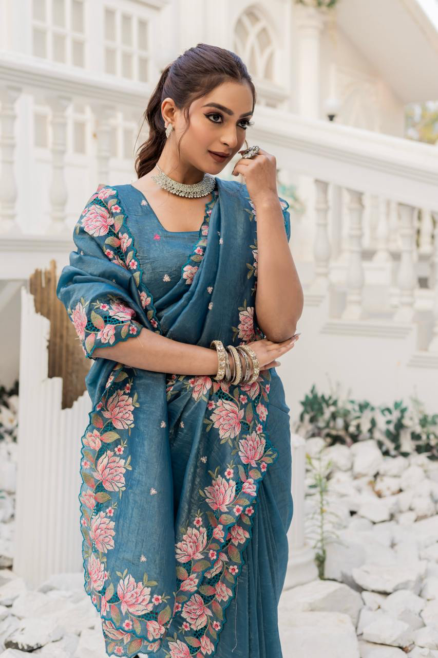 Handmade Teal Blue Floral Embroidered Organza Saree with Blouse Piece – Elegant Indian Ethnic Wear for Weddings & Parties (BLACKLUXE CRAFTS)