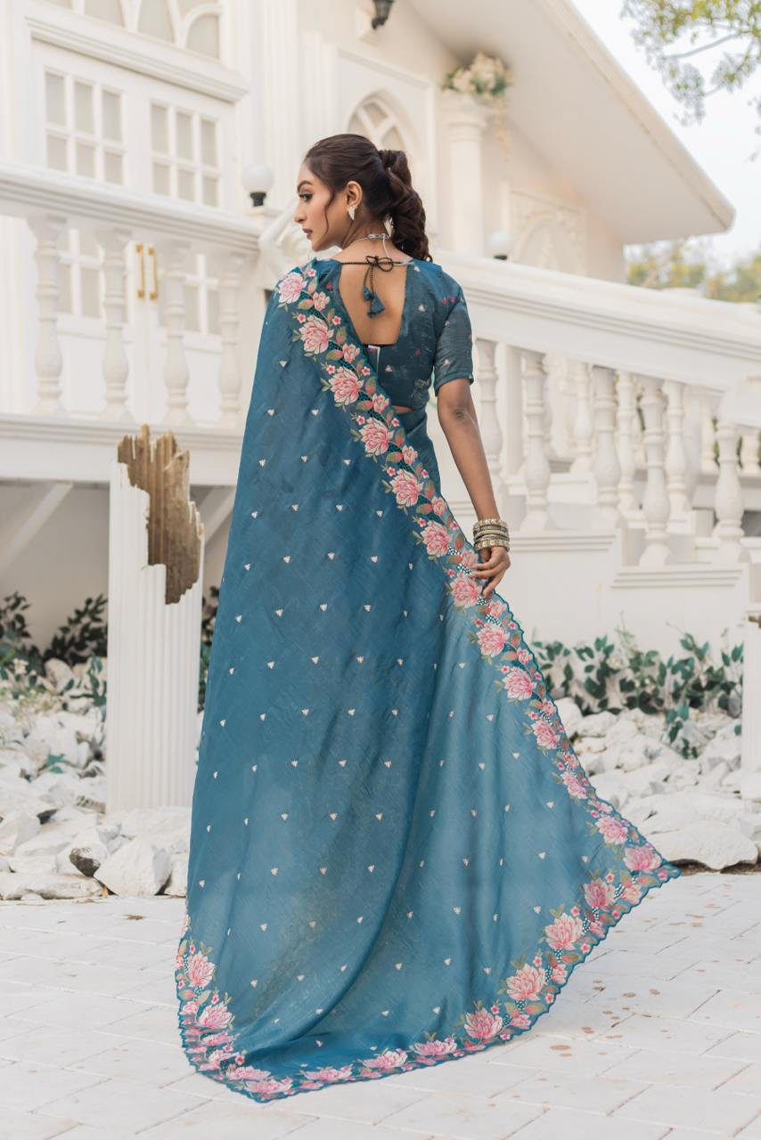 Handmade Teal Blue Floral Embroidered Organza Saree with Blouse Piece – Elegant Indian Ethnic Wear for Weddings & Parties (BLACKLUXE CRAFTS)