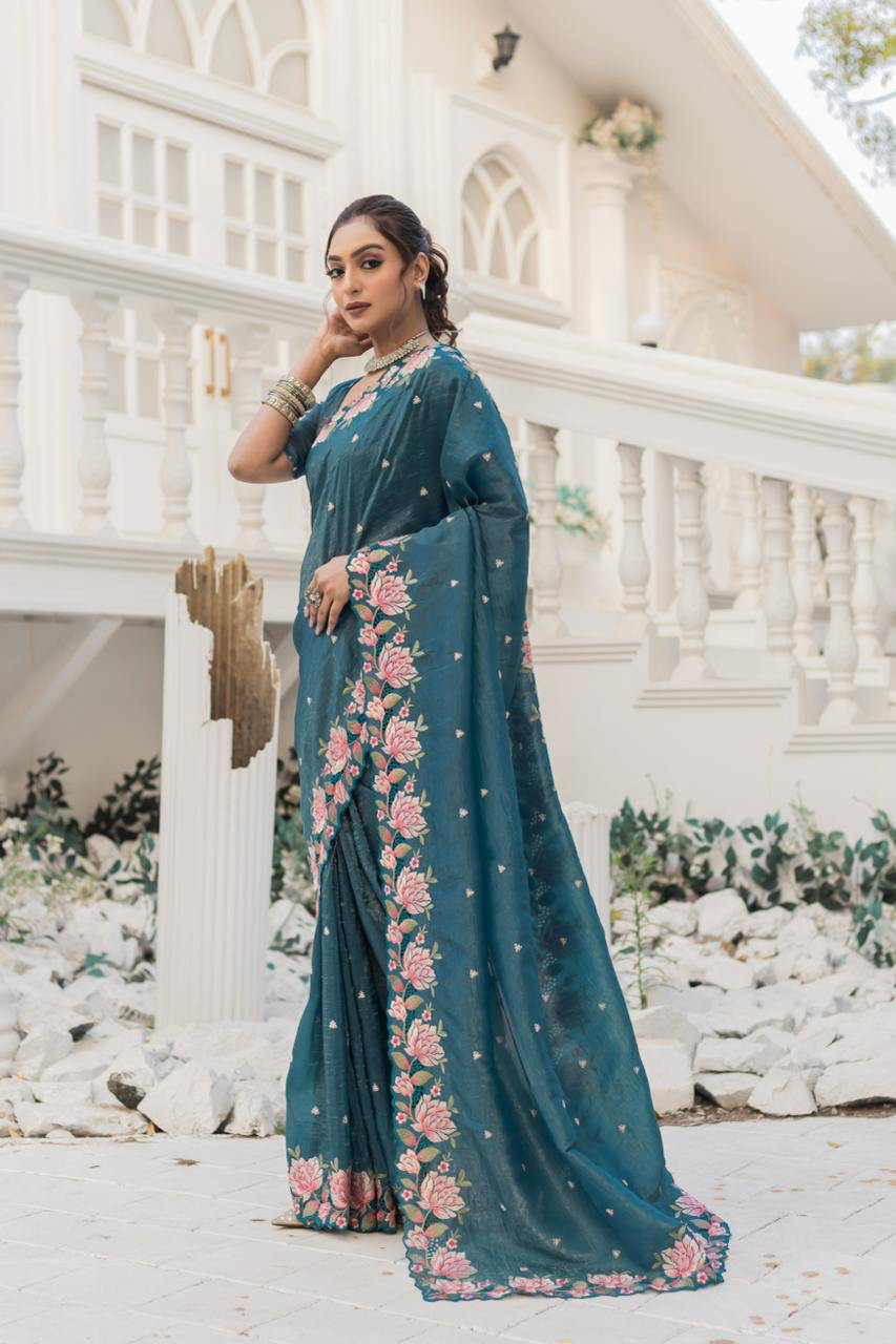 Handmade Teal Blue Floral Embroidered Organza Saree with Blouse Piece – Elegant Indian Ethnic Wear for Weddings & Parties (BLACKLUXE CRAFTS)