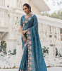 Handmade Teal Blue Floral Embroidered Organza Saree with Blouse Piece – Elegant Indian Ethnic Wear for Weddings & Parties (BLACKLUXE CRAFTS)