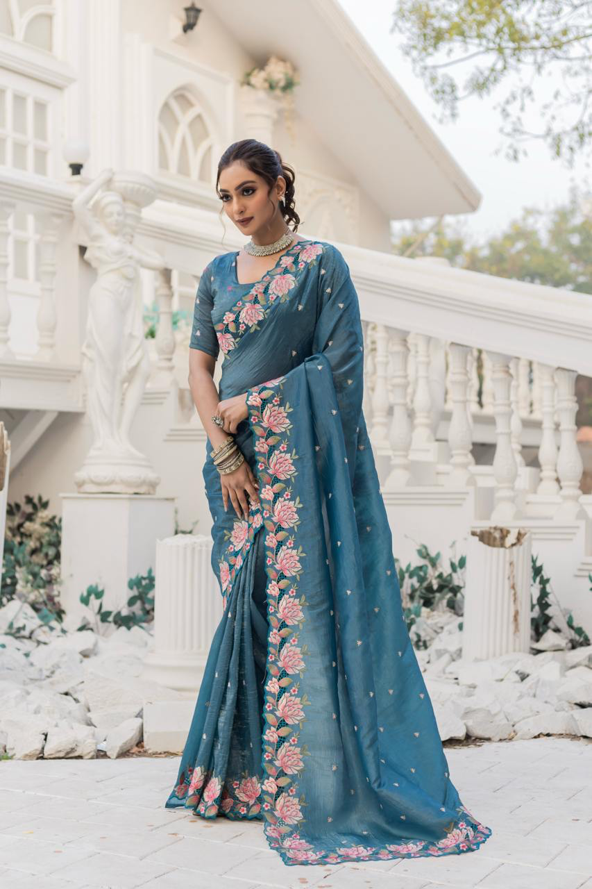 Handmade Teal Blue Floral Embroidered Organza Saree with Blouse Piece – Elegant Indian Ethnic Wear for Weddings & Parties (BLACKLUXE CRAFTS)