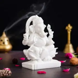 Lord Ganesha Idol in White Marble Finish – Decorative Ganesh Murti for Home Temple & Gifting (BLACKLUXE CRAFTS) - BLACKLUXECRAFTS
