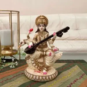 Handcrafted Goddess Saraswati Idol Statue – Hindu Goddess of Knowledge, Music & Wisdom – Decorative Resin Figurine for Home Temple, Office & Gifting (BLACKLUXE CRAFTS) - BLACKLUXECRAFTS