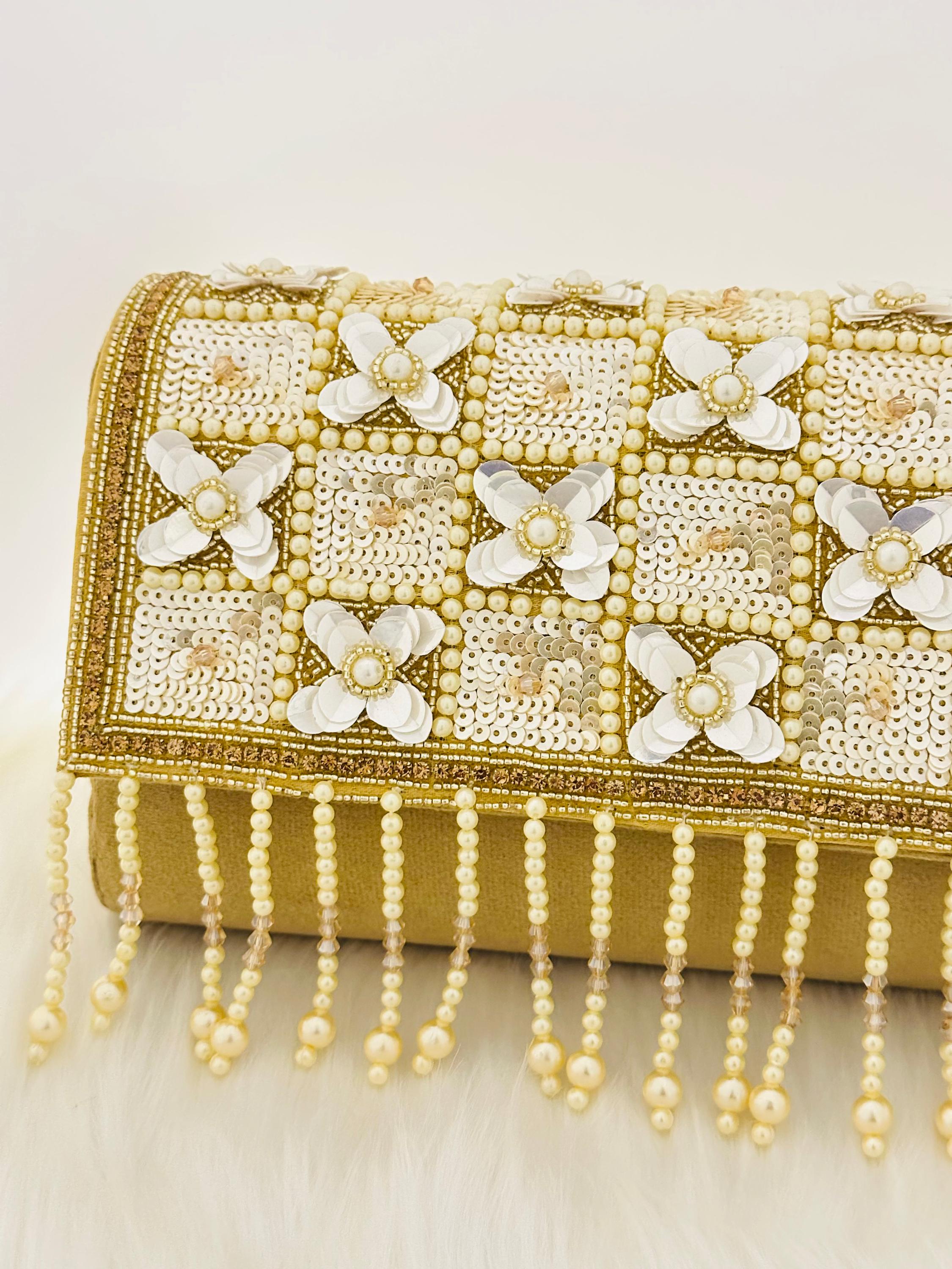 Luxury Handcrafted Beaded Clutch Purse with Pearl & Sequin Floral Embellishments – Elegant Evening Bag for Weddings & Parties (BLACKLUXE CRAFTS)