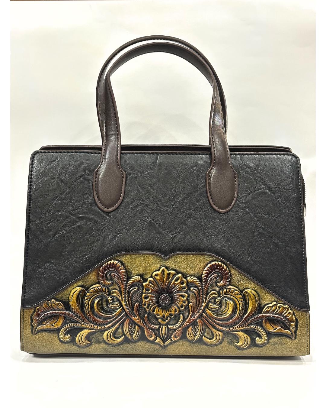 Luxury Handcrafted Black Leather Tote Bag with Vintage Floral Embossed Design – Elegant Shoulder Handbag for Women’s Fashion & Workwear (BLACKLUXE CRAFTS)