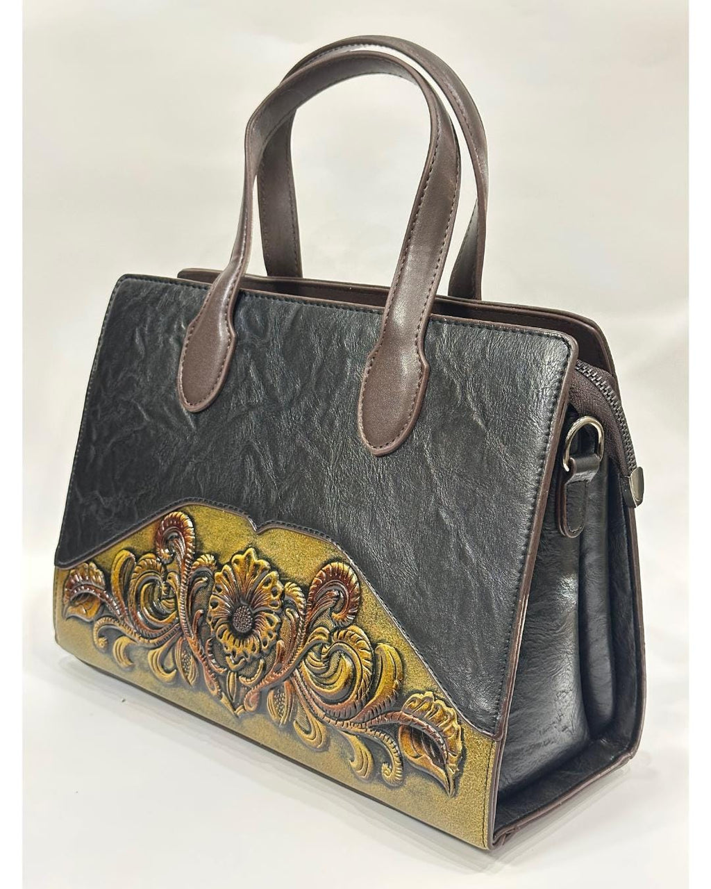 Luxury Handcrafted Black Leather Tote Bag with Vintage Floral Embossed Design – Elegant Shoulder Handbag for Women’s Fashion & Workwear (BLACKLUXE CRAFTS)