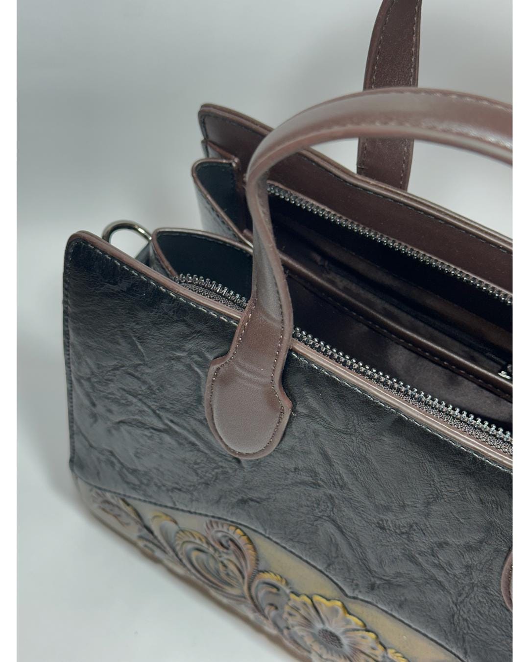 Luxury Handcrafted Black Leather Tote Bag with Vintage Floral Embossed Design – Elegant Shoulder Handbag for Women’s Fashion & Workwear (BLACKLUXE CRAFTS)