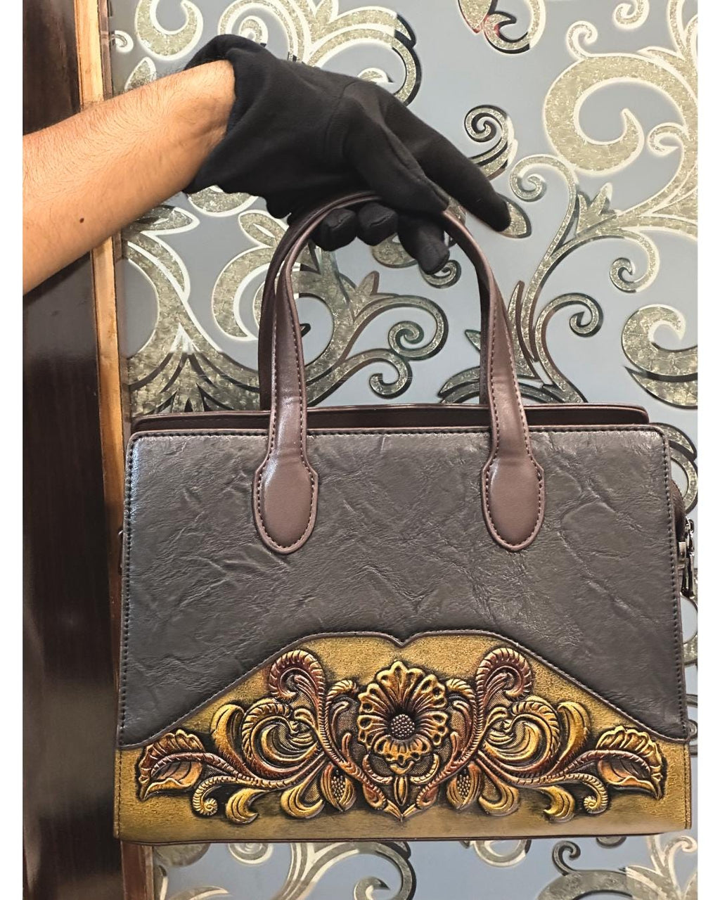 Luxury Handcrafted Black Leather Tote Bag with Vintage Floral Embossed Design – Elegant Shoulder Handbag for Women’s Fashion & Workwear (BLACKLUXE CRAFTS)