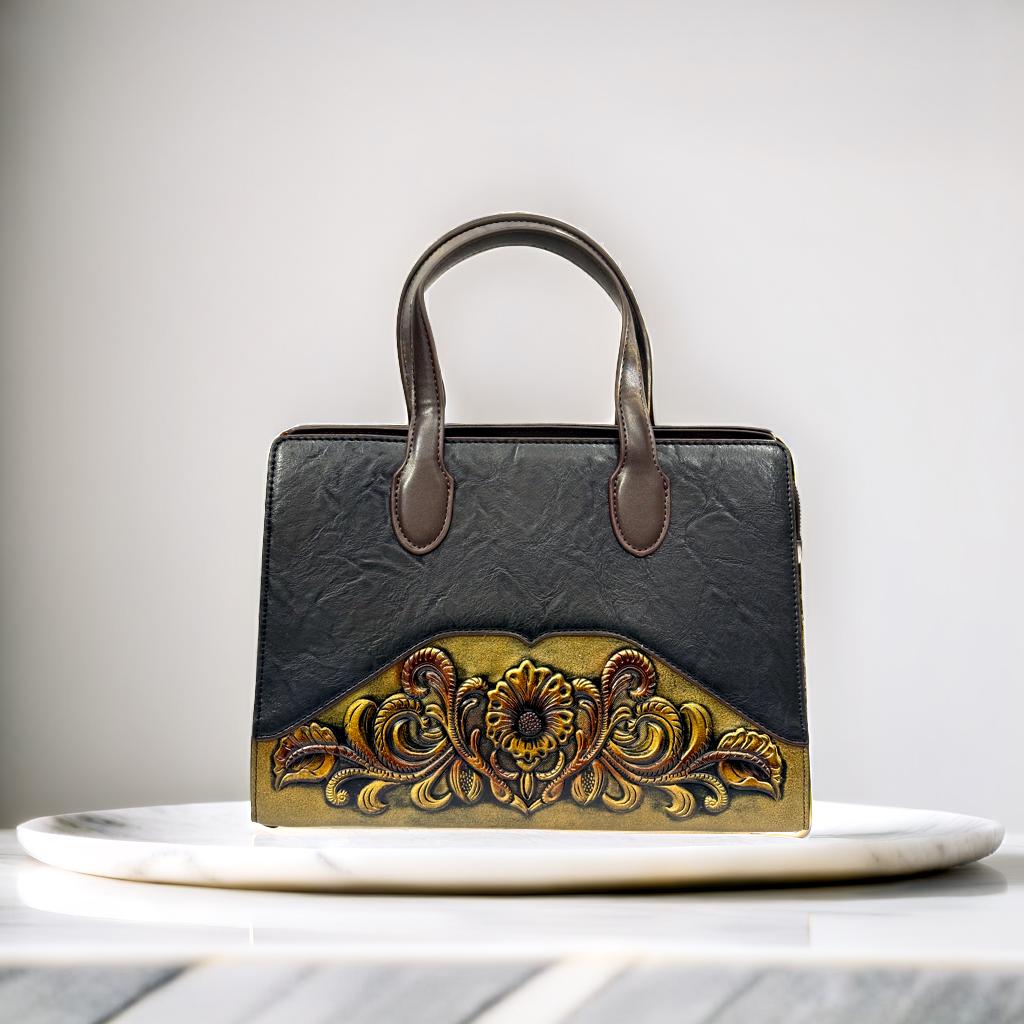 Luxury Handcrafted Black Leather Tote Bag with Vintage Floral Embossed Design – Elegant Shoulder Handbag for Women’s Fashion & Workwear (BLACKLUXE CRAFTS)
