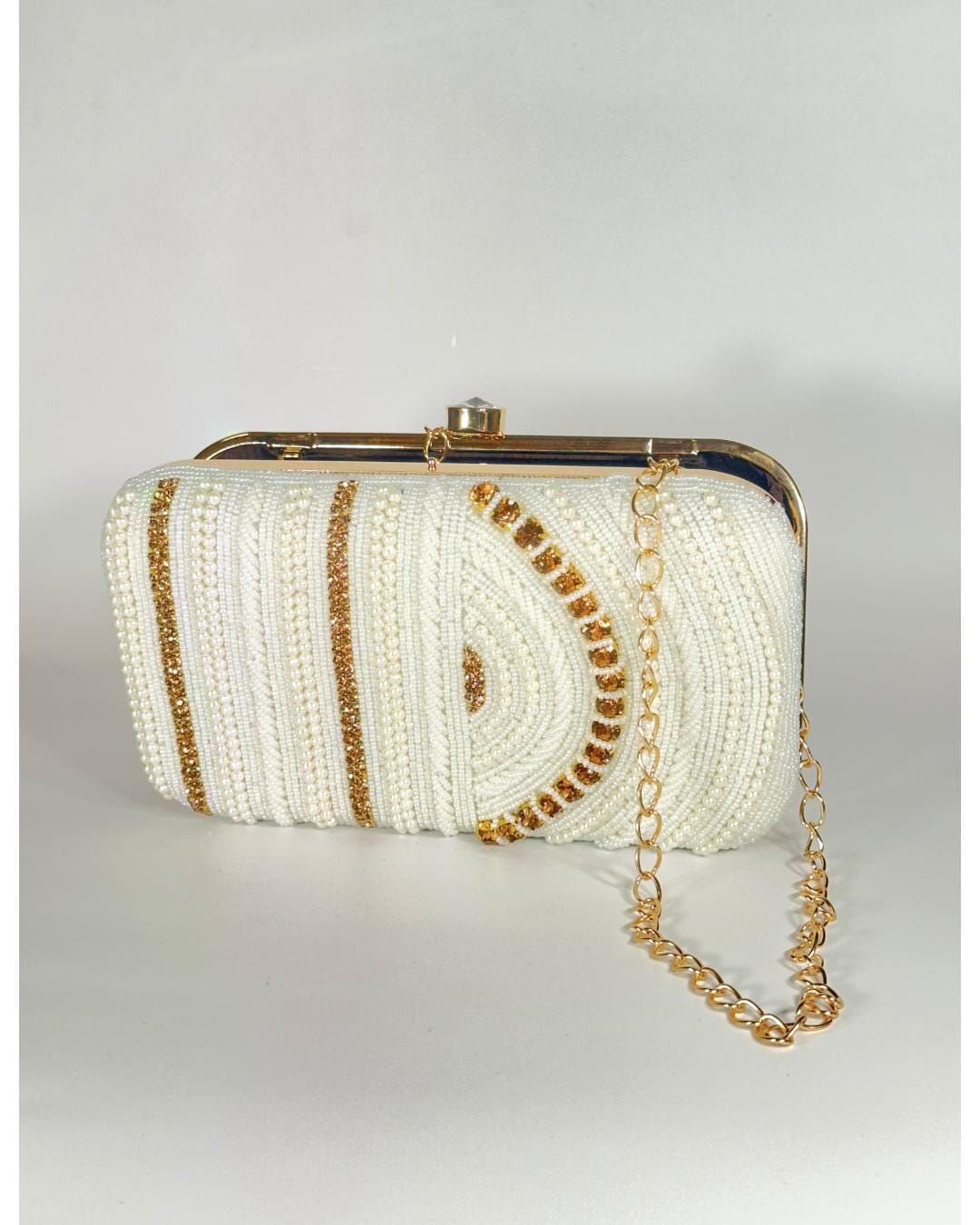 Handcrafted White Beaded Box Clutch with Gold Sequin Accents – Elegant Bridal & Evening Purse for Weddings, Parties & Special Occasions (BLACKLUXE CRAFTS)