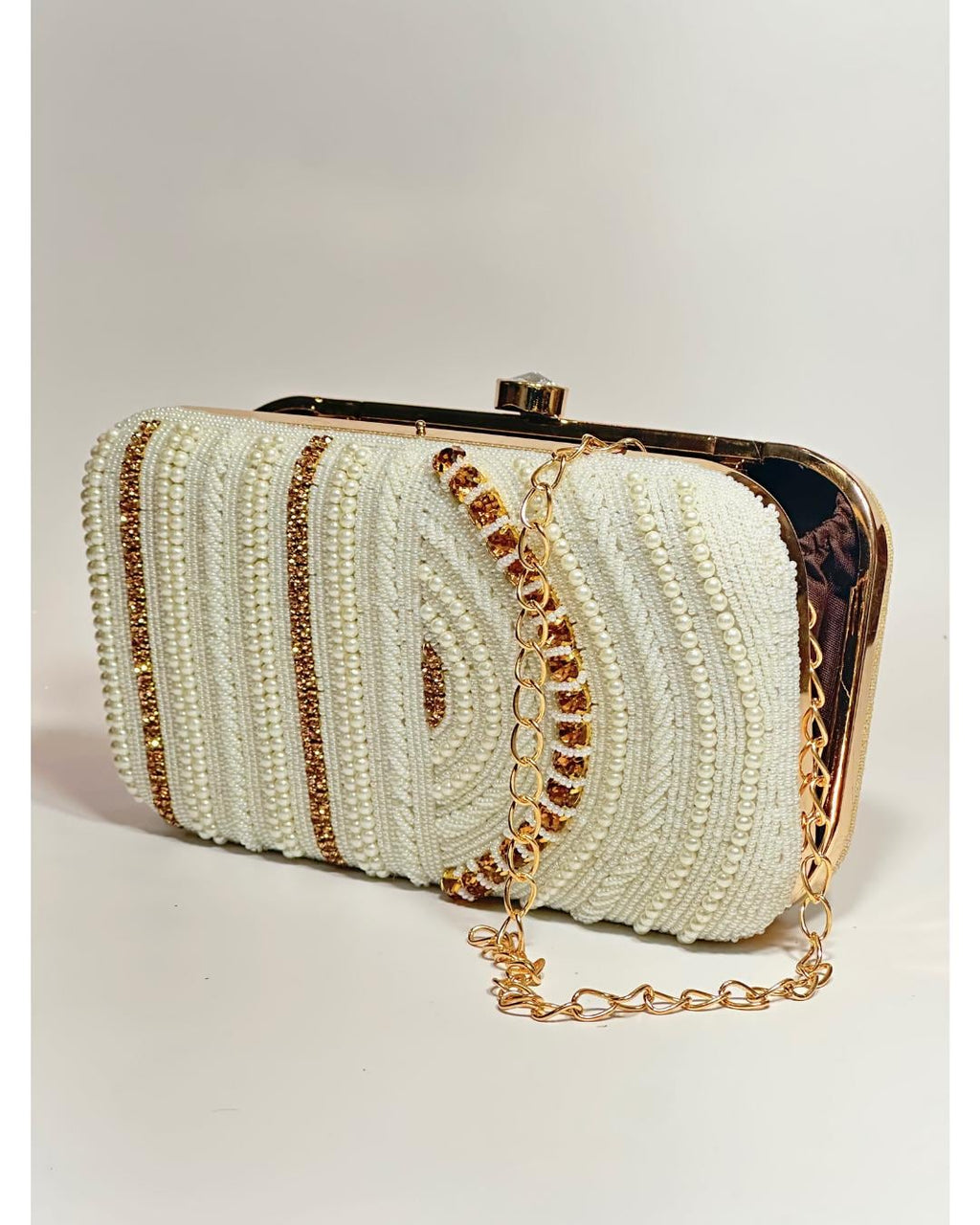 Handcrafted White Beaded Box Clutch with Gold Sequin Accents – Elegant Bridal & Evening Purse for Weddings, Parties & Special Occasions (BLACKLUXE CRAFTS)
