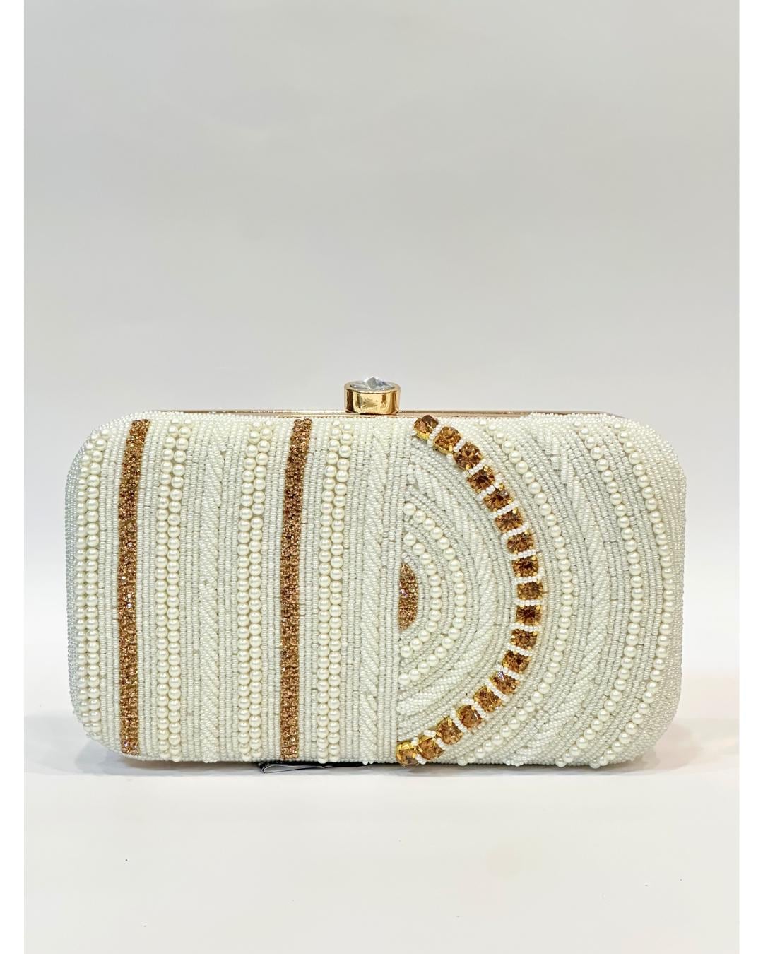 Handcrafted White Beaded Box Clutch with Gold Sequin Accents – Elegant Bridal & Evening Purse for Weddings, Parties & Special Occasions (BLACKLUXE CRAFTS)