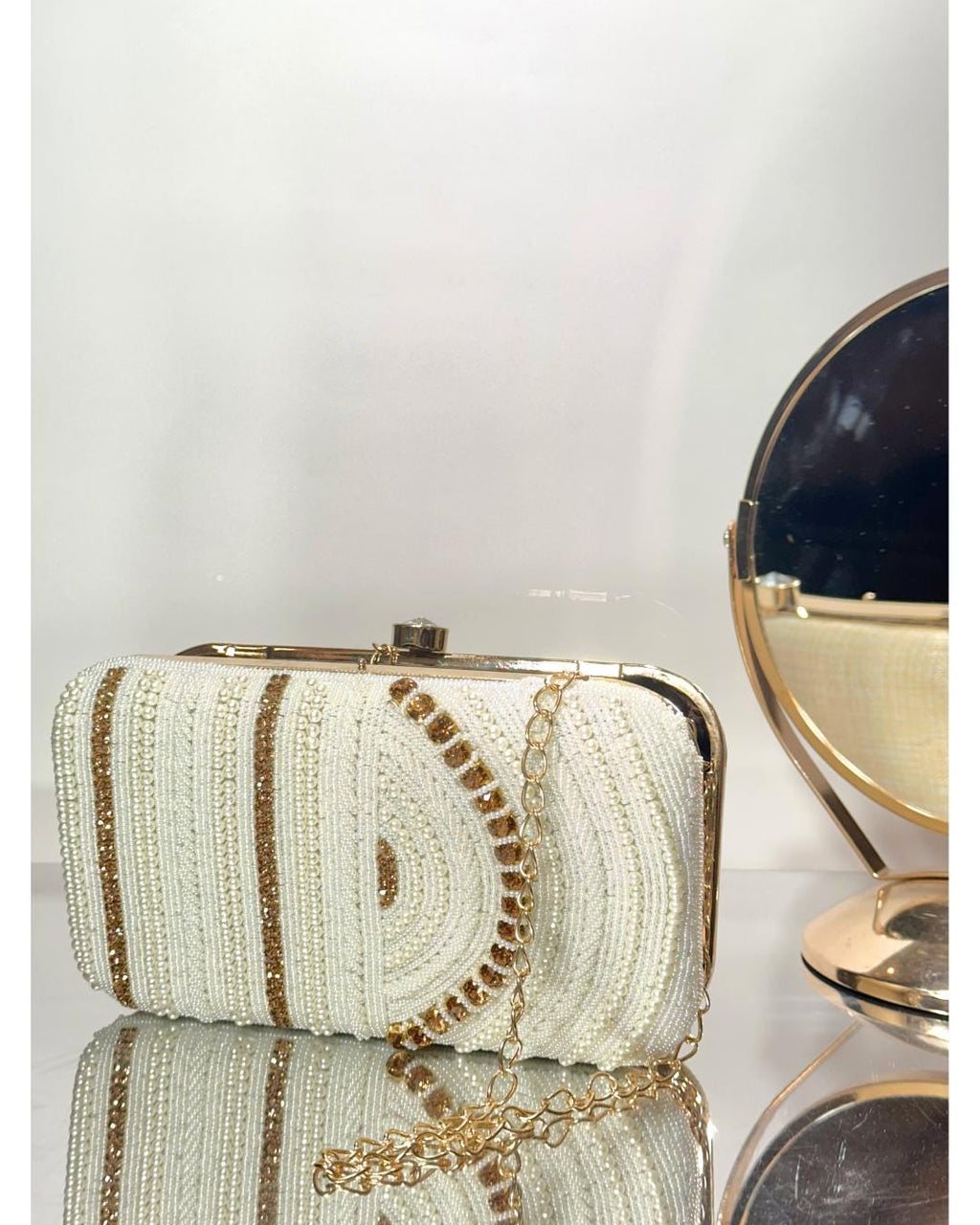 Handcrafted White Beaded Box Clutch with Gold Sequin Accents – Elegant Bridal & Evening Purse for Weddings, Parties & Special Occasions (BLACKLUXE CRAFTS)