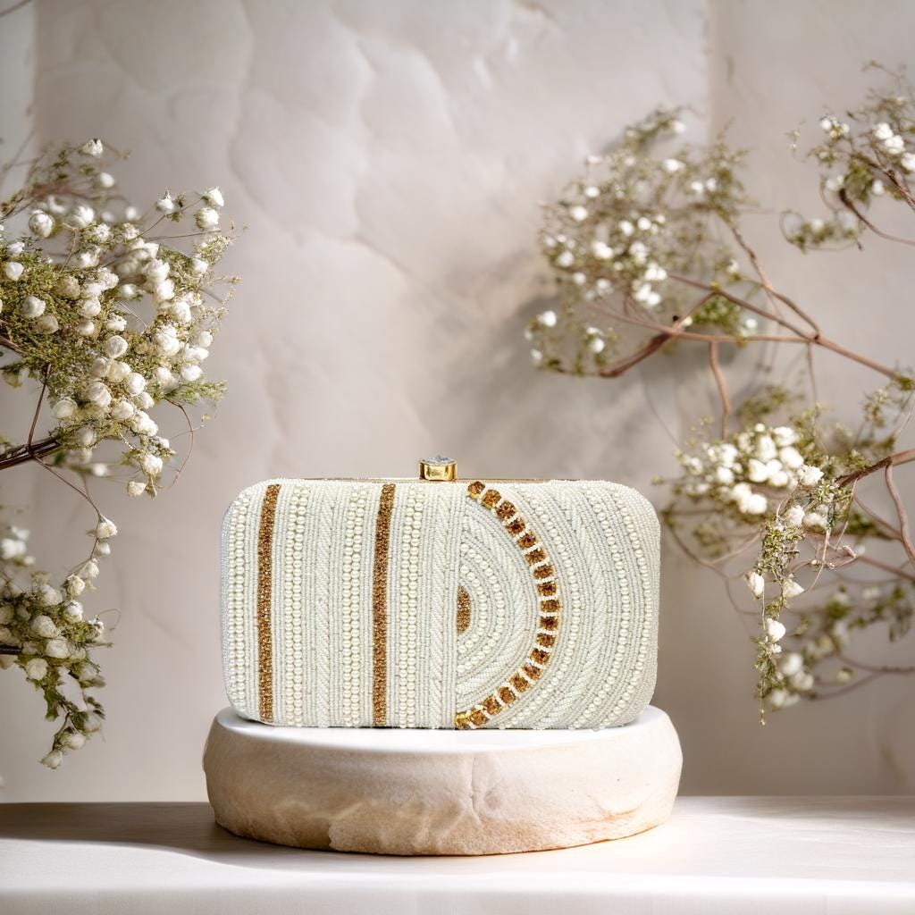 Handcrafted White Beaded Box Clutch with Gold Sequin Accents – Elegant Bridal & Evening Purse for Weddings, Parties & Special Occasions (BLACKLUXE CRAFTS)