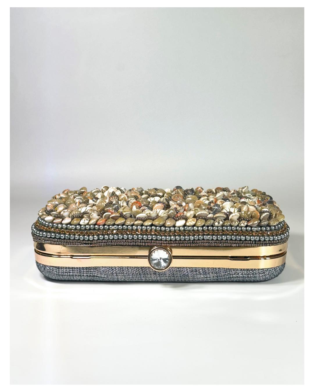 Handcrafted Seashell Beaded Box Clutch – Unique Coastal-Themed Evening Purse for Beach Weddings, Parties & Special Occasions