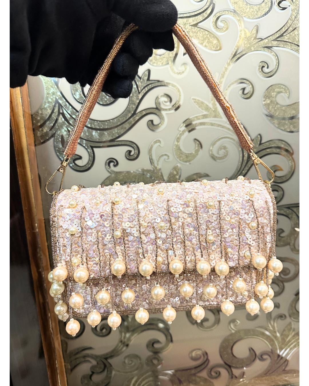 Luxury Handcrafted Pearl Beaded Clutch Purse with Sequin Embellishments – Elegant Bridal & Evening Bag for Weddings, Parties & Special Occasions (BLACKLUXE CRAFTS)