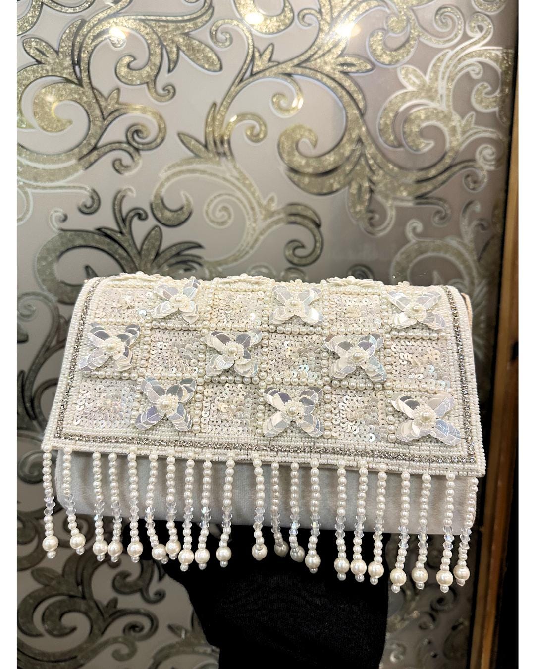 Luxury White Beaded Clutch Purse with Pearl Fringe & Sequin Floral Embellishments – Elegant Bridal & Evening Handbag for Weddings & Parties (BLACKLUXE CRAFTS)