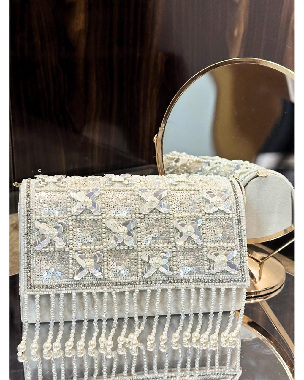 Luxury White Beaded Clutch Purse with Pearl Fringe & Sequin Floral Embellishments – Elegant Bridal & Evening Handbag for Weddings & Parties (BLACKLUXE CRAFTS)