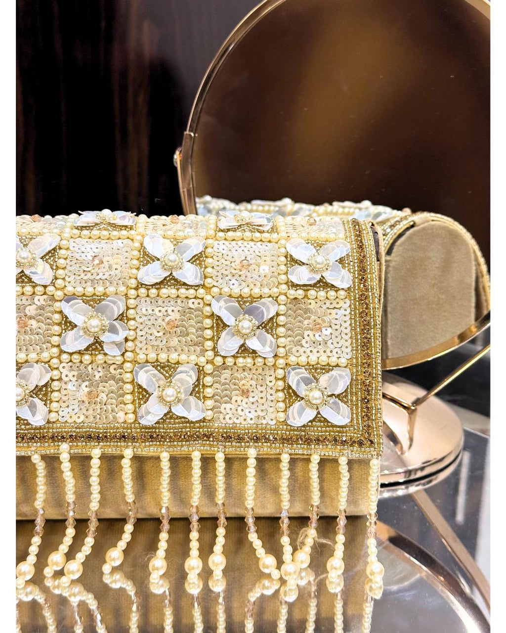 Luxury Handcrafted Beaded Clutch Purse with Pearl & Sequin Floral Embellishments – Elegant Evening Bag for Weddings & Parties (BLACKLUXE CRAFTS)