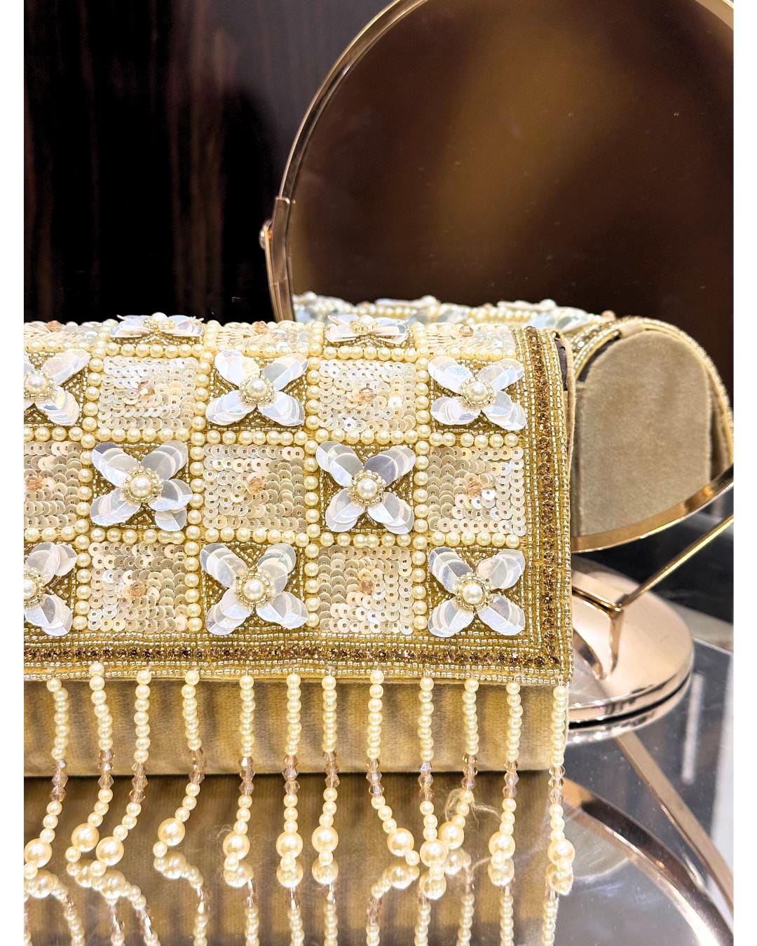 Luxury Handcrafted Beaded Clutch Purse with Pearl & Sequin Floral Embellishments – Elegant Evening Bag for Weddings & Parties (BLACKLUXE CRAFTS)