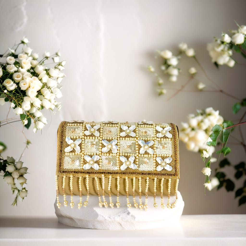 Luxury Handcrafted Beaded Clutch Purse with Pearl & Sequin Floral Embellishments – Elegant Evening Bag for Weddings & Parties (BLACKLUXE CRAFTS)