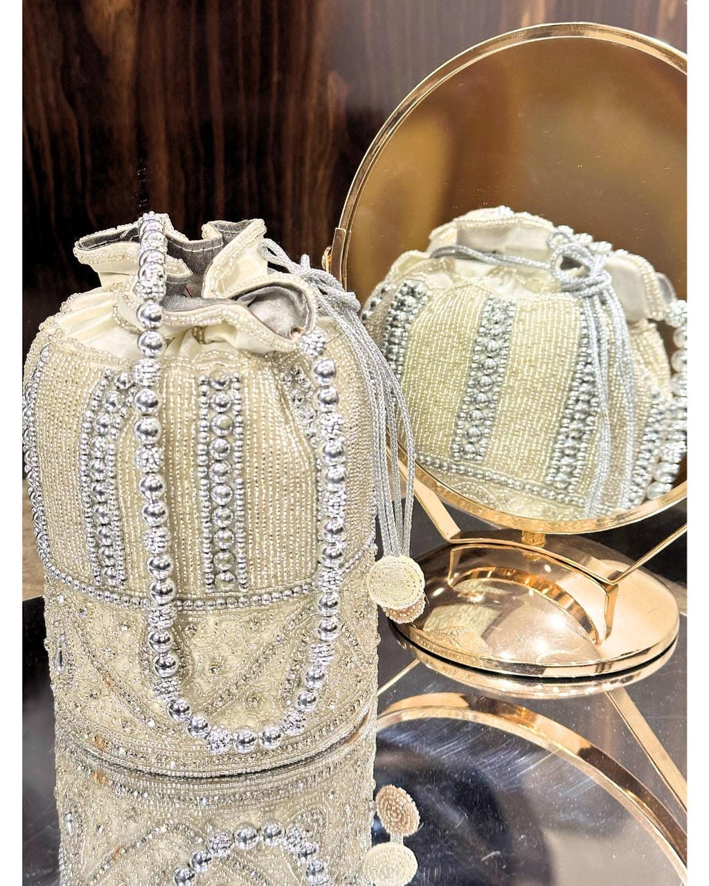 Handcrafted Silver Beaded Potli Bag – Luxury Bridal & Party Clutch Purse with Drawstring for Weddings & Special Occasions (BLACKLUXE CRAFTS)