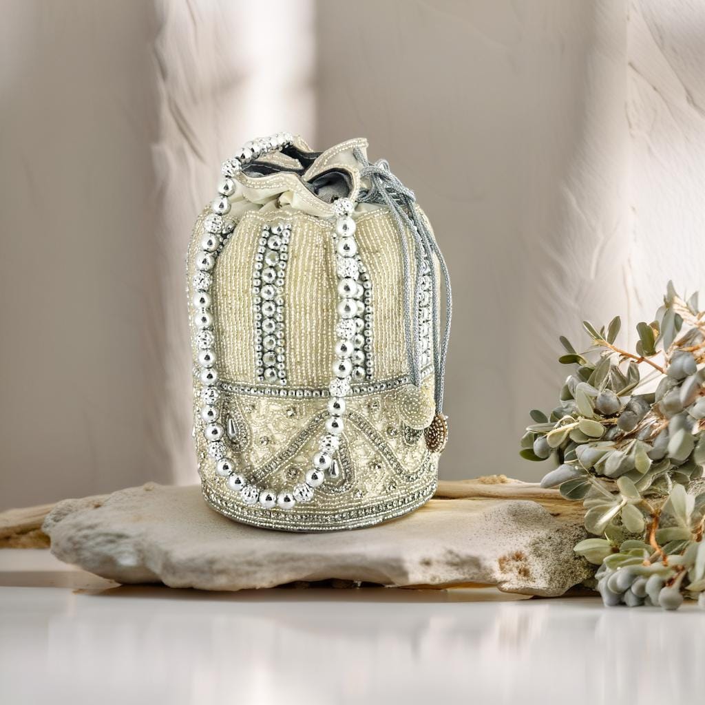 Handcrafted Silver Beaded Potli Bag – Luxury Bridal & Party Clutch Purse with Drawstring for Weddings & Special Occasions (BLACKLUXE CRAFTS)