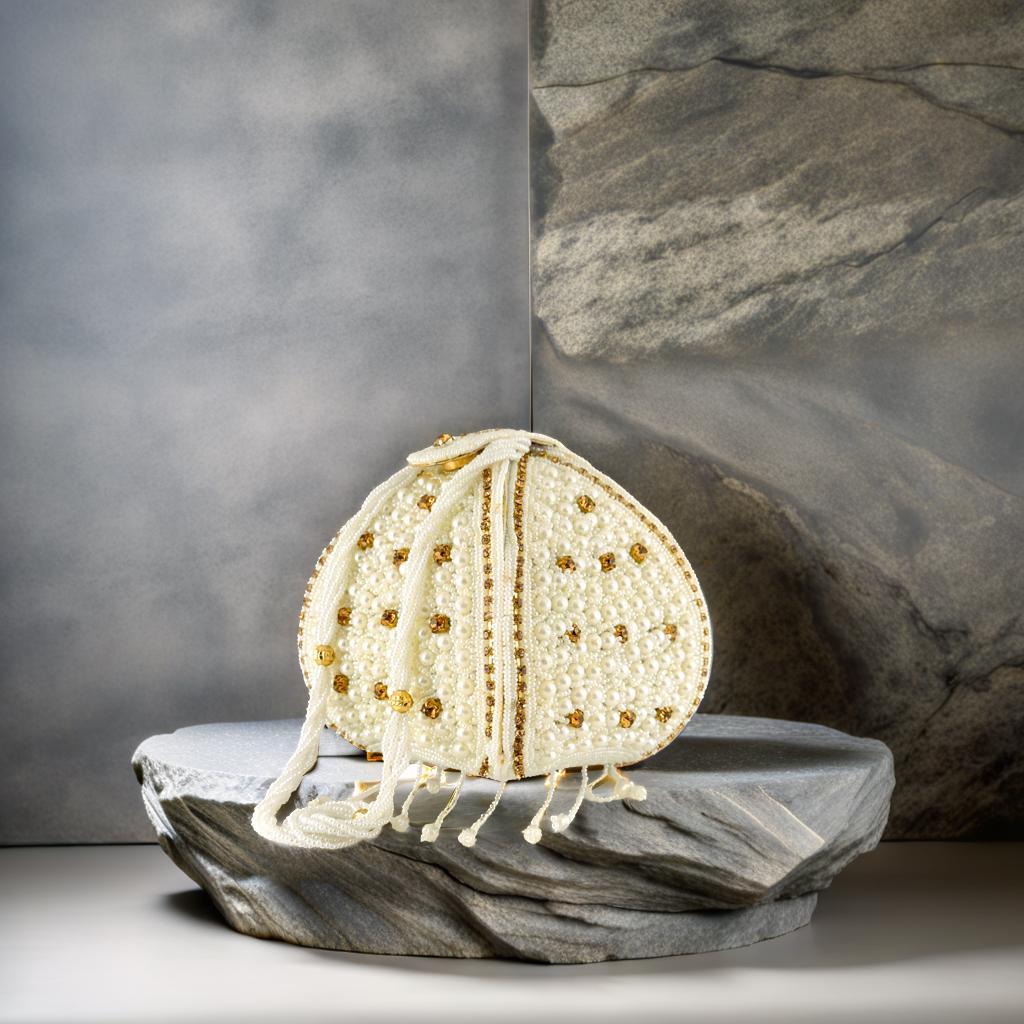 Luxury Handcrafted Pearl Beaded Potli Bag with Gold Crystal Embellishments – Elegant Bridal & Wedding Drawstring Purse for Parties & Special Occasions (BLACKLUXE CRAFTS)