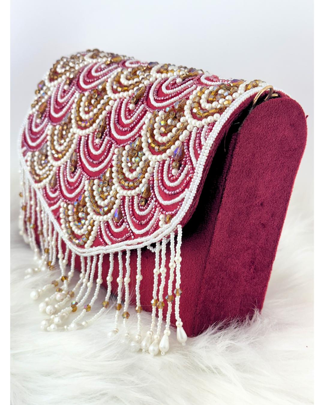 Handcrafted Red Beaded Clutch Purse with Pearl Fringe & Sequin Embellishments – Luxury Bridal & Party Evening Bag for Weddings & Festive Occasions (BLACKLUXE CRAFTS)