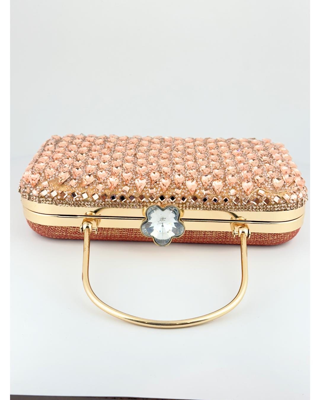 Luxury Rose Gold Crystal Embellished Box Clutch with Handle – Elegant Evening Purse for Weddings, Parties & Special Occasions (BLACKLUXE CRAFTS)