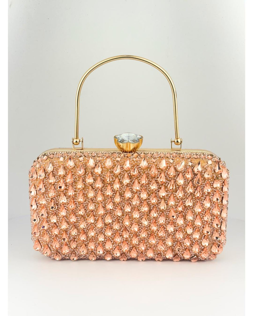 Luxury Rose Gold Crystal Embellished Box Clutch with Handle – Elegant Evening Purse for Weddings, Parties & Special Occasions (BLACKLUXE CRAFTS)