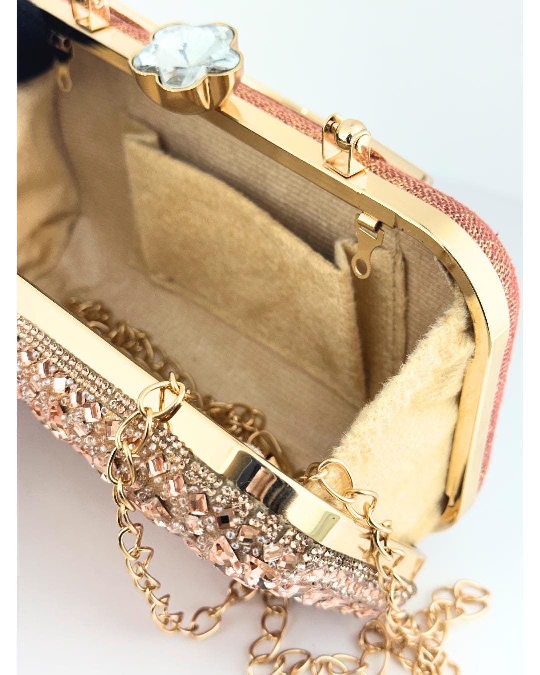 Luxury Rose Gold Crystal Embellished Box Clutch with Handle – Elegant Evening Purse for Weddings, Parties & Special Occasions (BLACKLUXE CRAFTS)