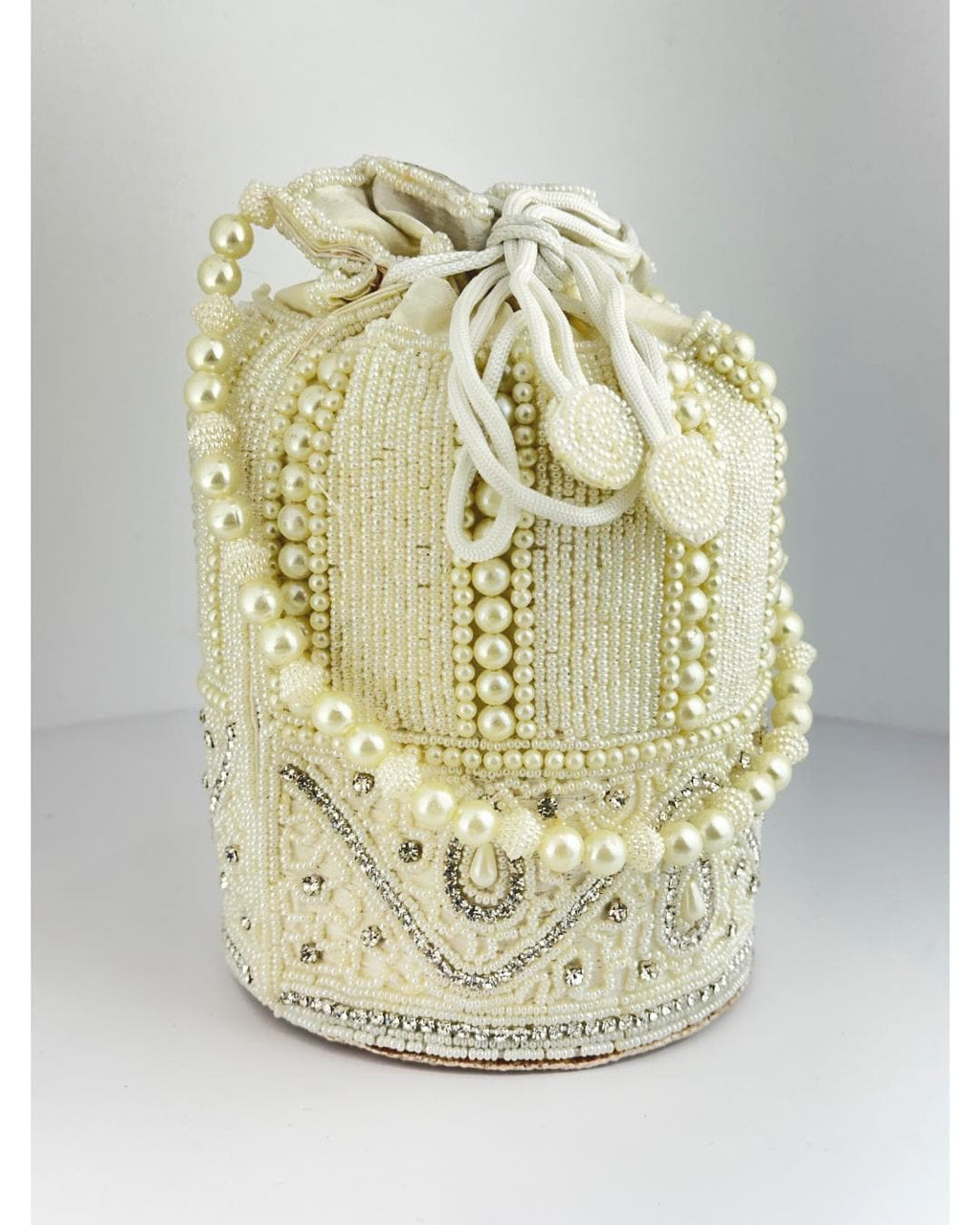 Luxury Handcrafted White Pearl Beaded Potli Bag – Elegant Bridal Wedding & Party Drawstring Clutch Purse with Intricate Embellishments (BLACKLUXE CRAFTS)