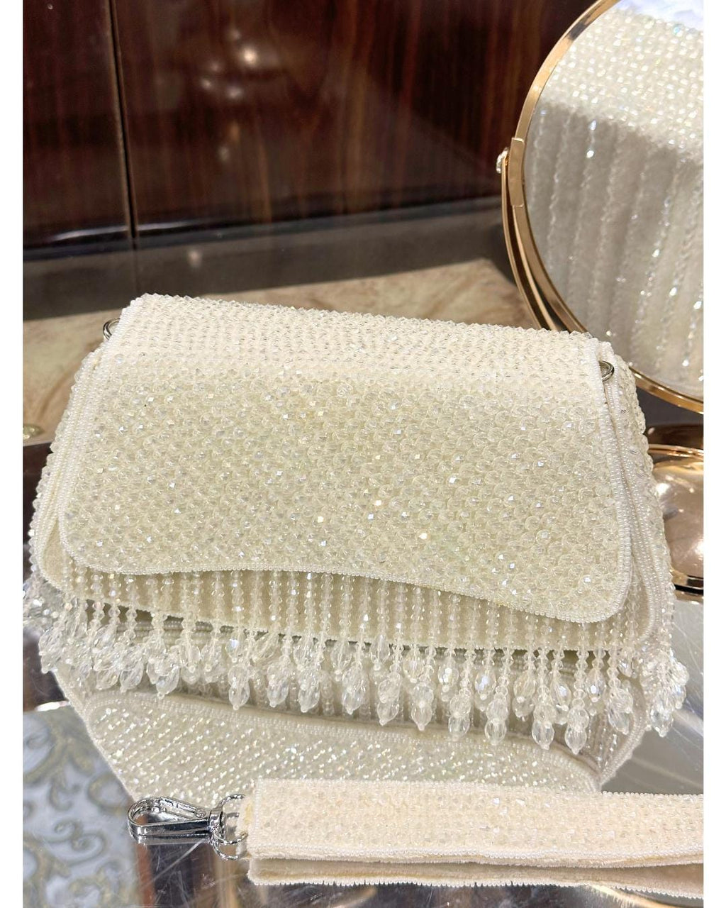 Elegant White Beaded Clutch Bag with Crystal and Pearl Fringe – Luxury Bridal & Evening Purse for Women (BLACKLUXE CRAFTS)