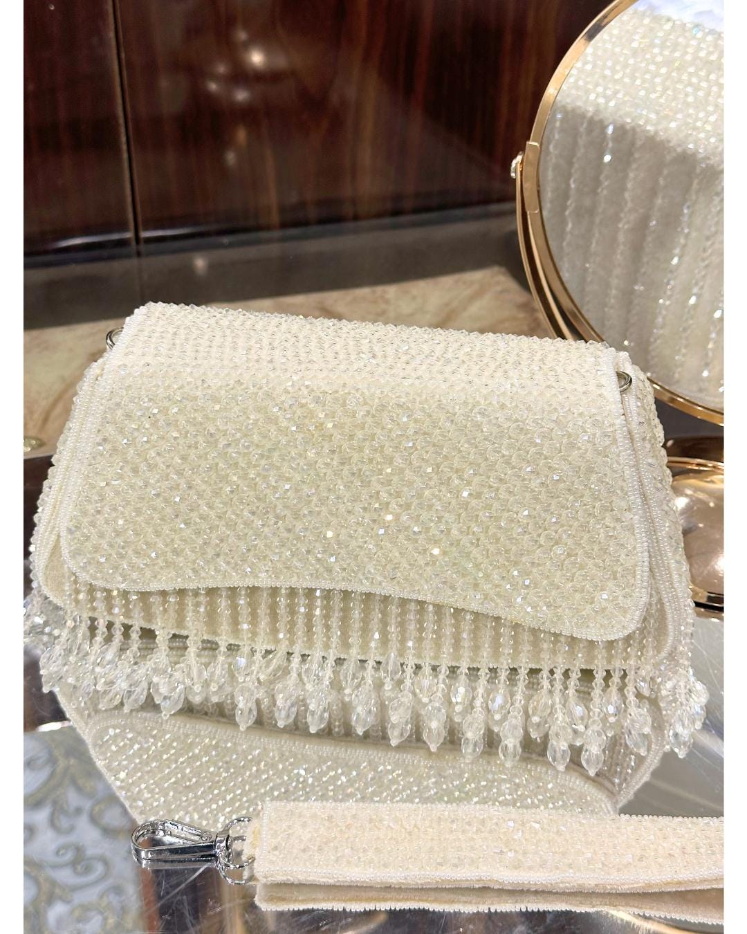 Elegant White Beaded Clutch Bag with Crystal and Pearl Fringe – Luxury Bridal & Evening Purse for Women (BLACKLUXE CRAFTS)
