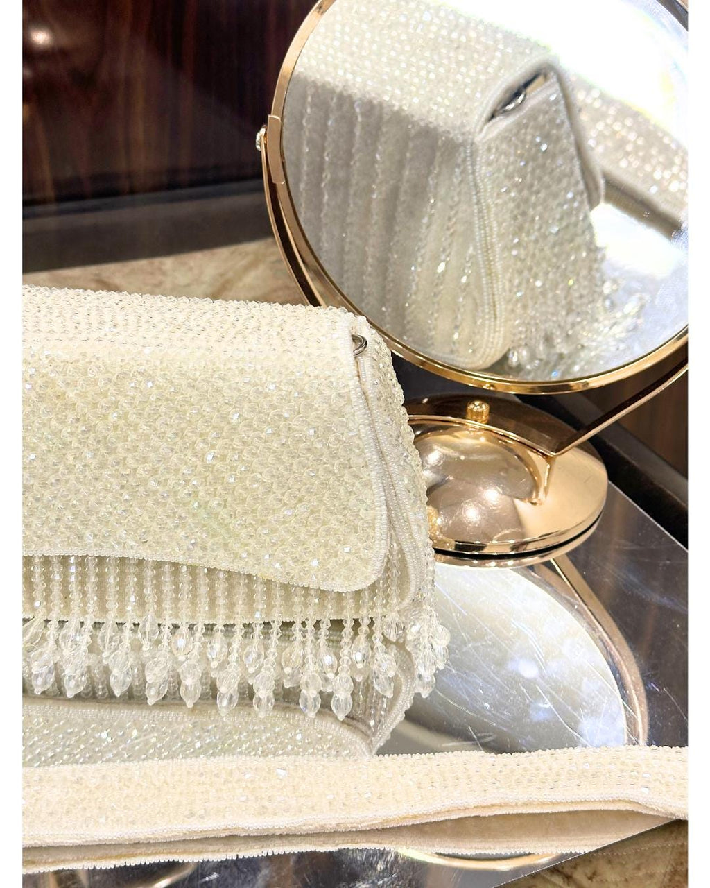 Elegant White Beaded Clutch Bag with Crystal and Pearl Fringe – Luxury Bridal & Evening Purse for Women (BLACKLUXE CRAFTS)