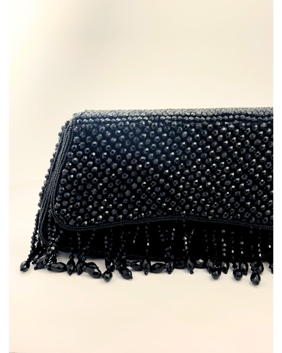 Luxury Black Beaded Clutch Purse with Fringe Detailing – Elegant Evening Handbag for Weddings, Parties & Special Occasions (BLACKLUXE CRAFTS)
