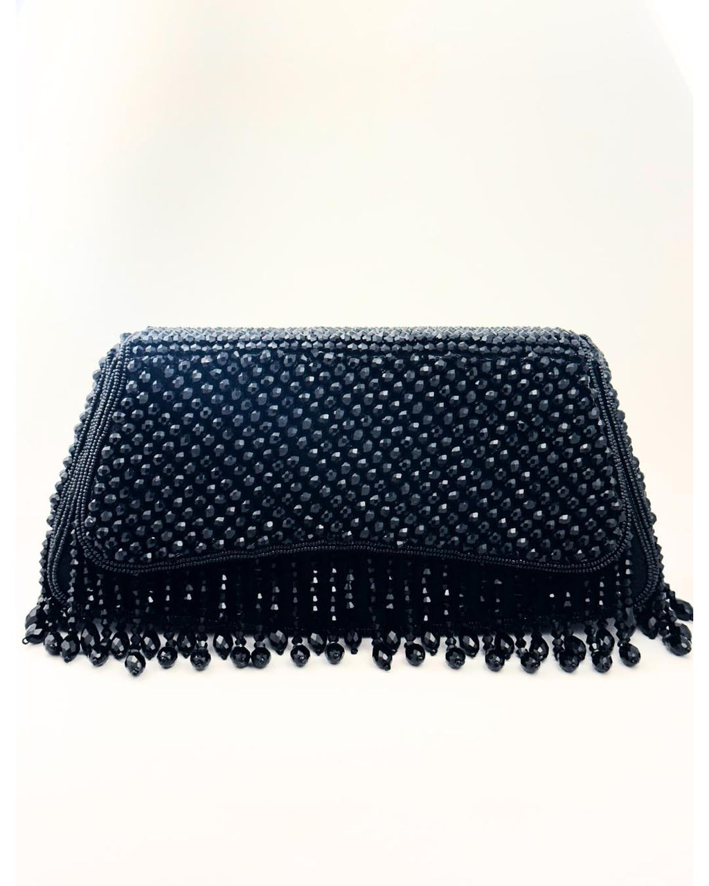 Luxury Black Beaded Clutch Purse with Fringe Detailing – Elegant Evening Handbag for Weddings, Parties & Special Occasions (BLACKLUXE CRAFTS)