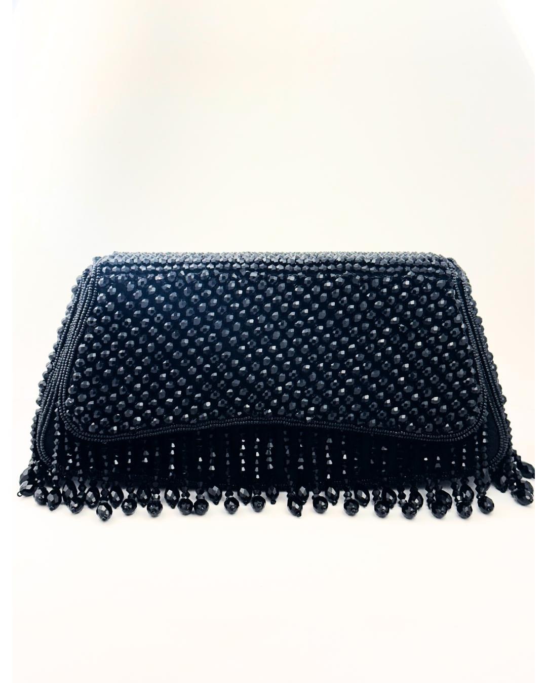 Luxury Black Beaded Clutch Purse with Fringe Detailing – Elegant Evening Handbag for Weddings, Parties & Special Occasions (BLACKLUXE CRAFTS)