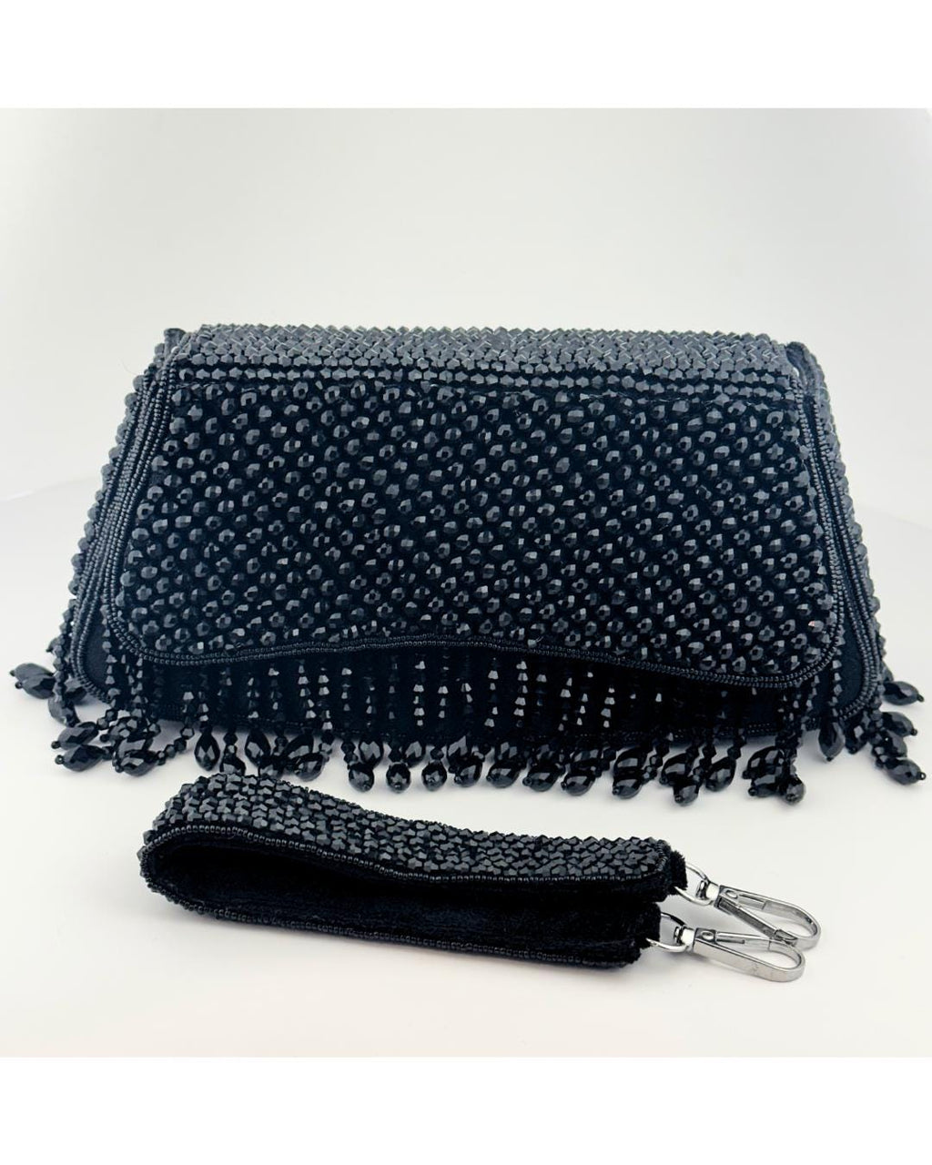 Luxury Black Beaded Clutch Purse with Fringe Detailing – Elegant Evening Handbag for Weddings, Parties & Special Occasions (BLACKLUXE CRAFTS)