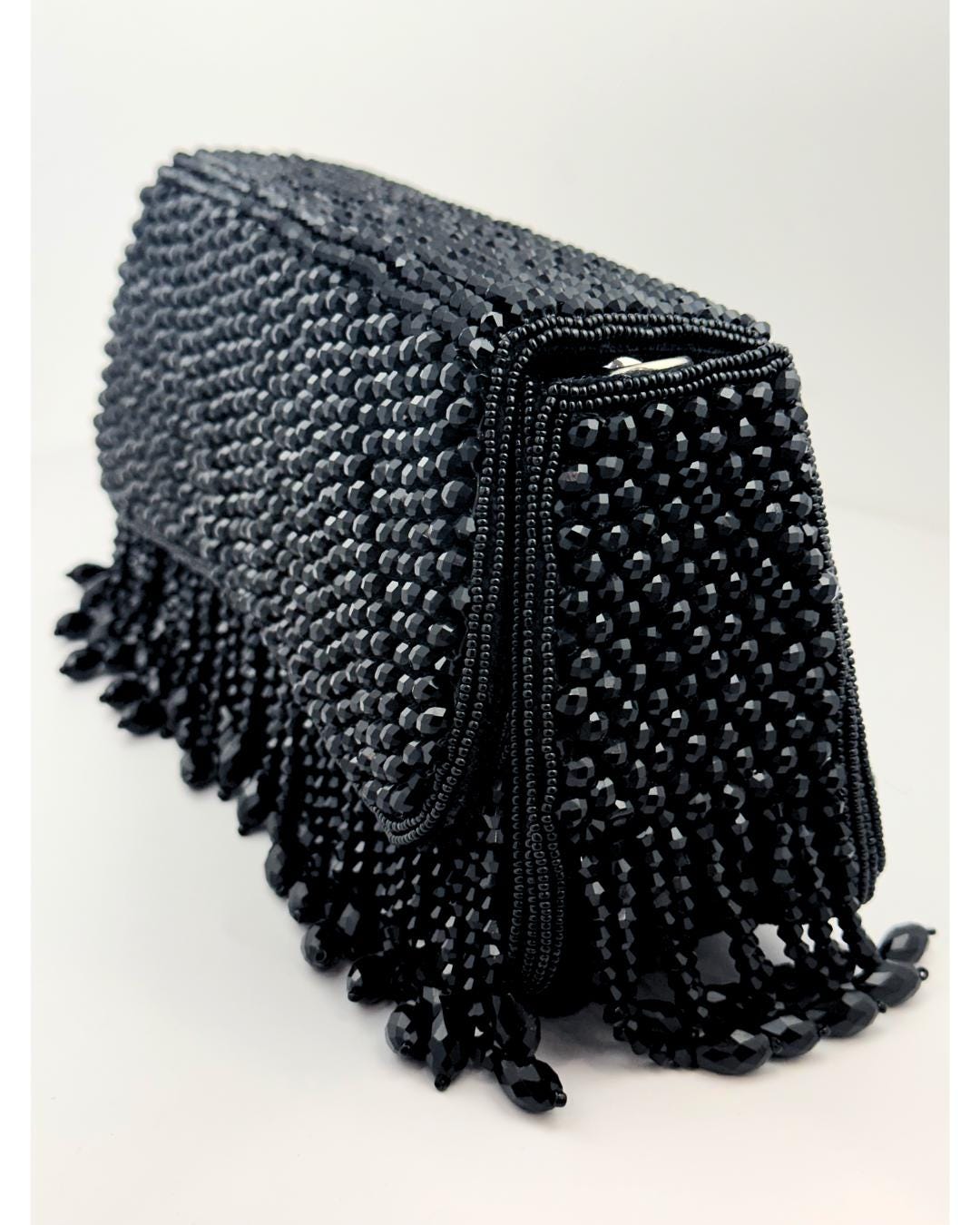 Luxury Black Beaded Clutch Purse with Fringe Detailing – Elegant Evening Handbag for Weddings, Parties & Special Occasions (BLACKLUXE CRAFTS)