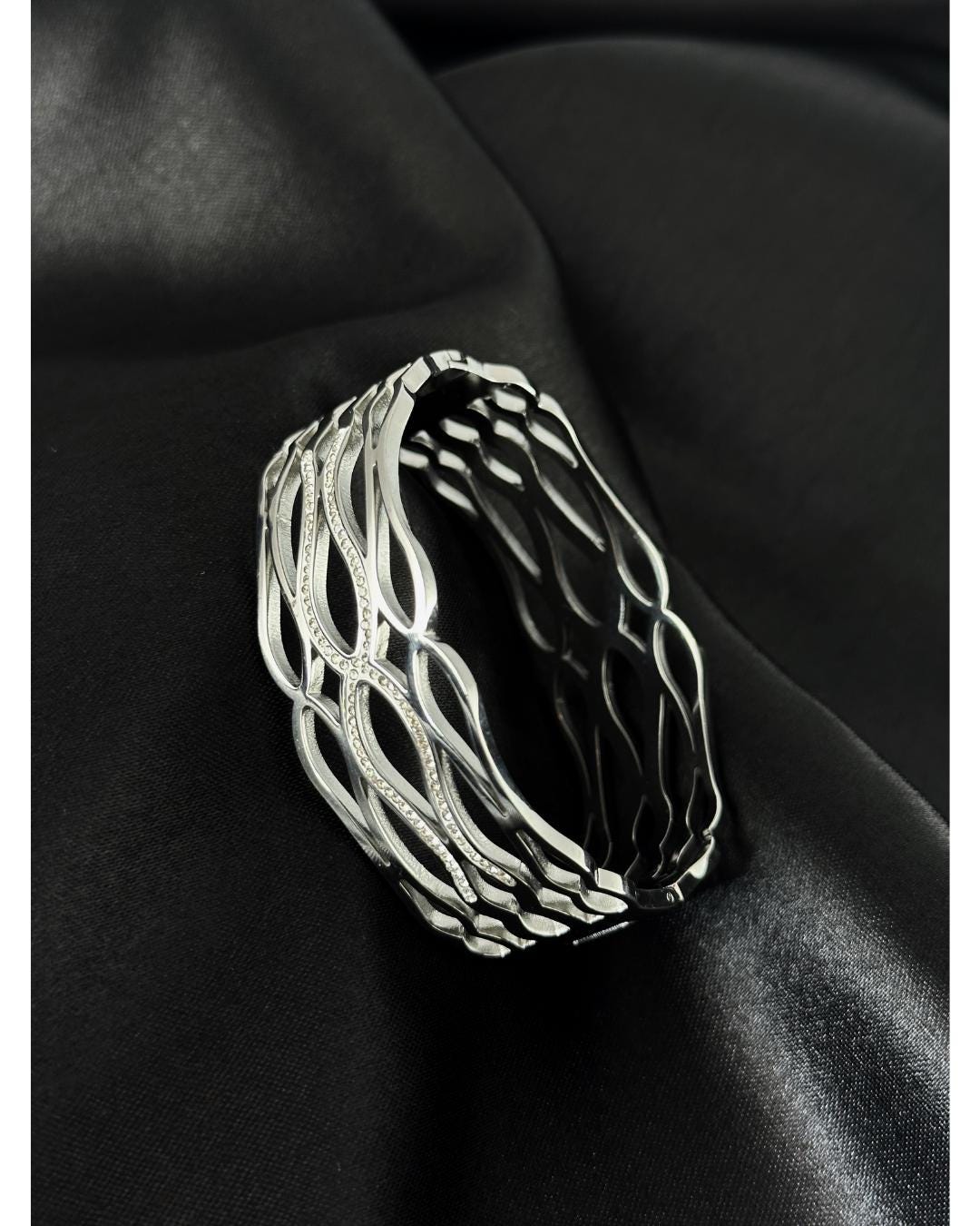 Elegant Silver Openwork Bangle Bracelet – Contemporary Cut-Out Design with Sparkling Accents | Modern Women’s Fashion Jewelry (BLACKLUXE CRAFTS)