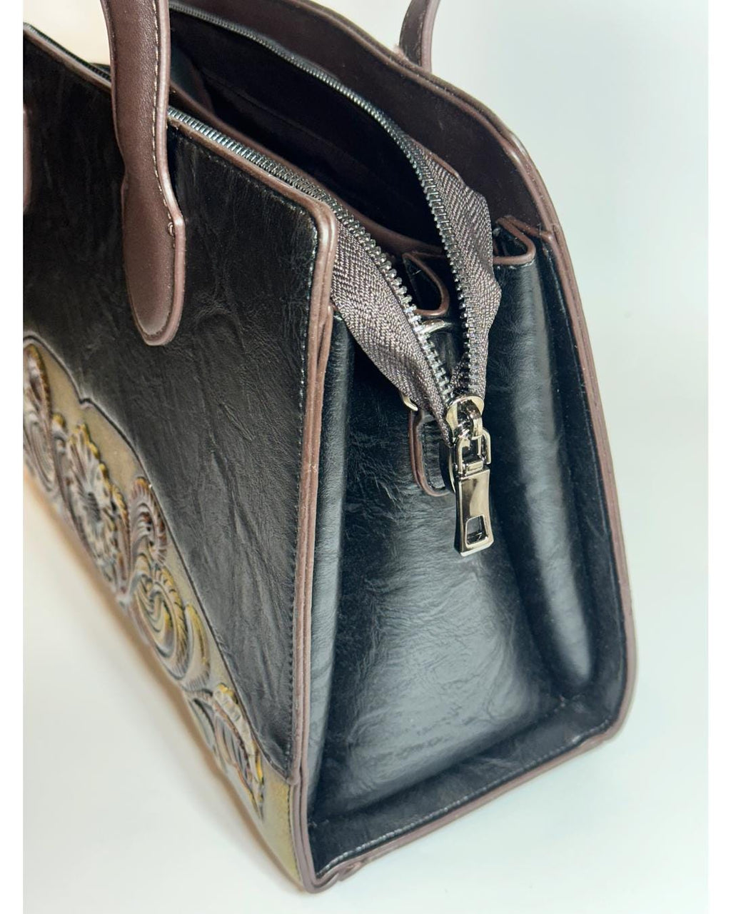 Luxury Handcrafted Black Leather Tote Bag with Vintage Floral Embossed Design – Elegant Shoulder Handbag for Women’s Fashion & Workwear (BLACKLUXE CRAFTS)