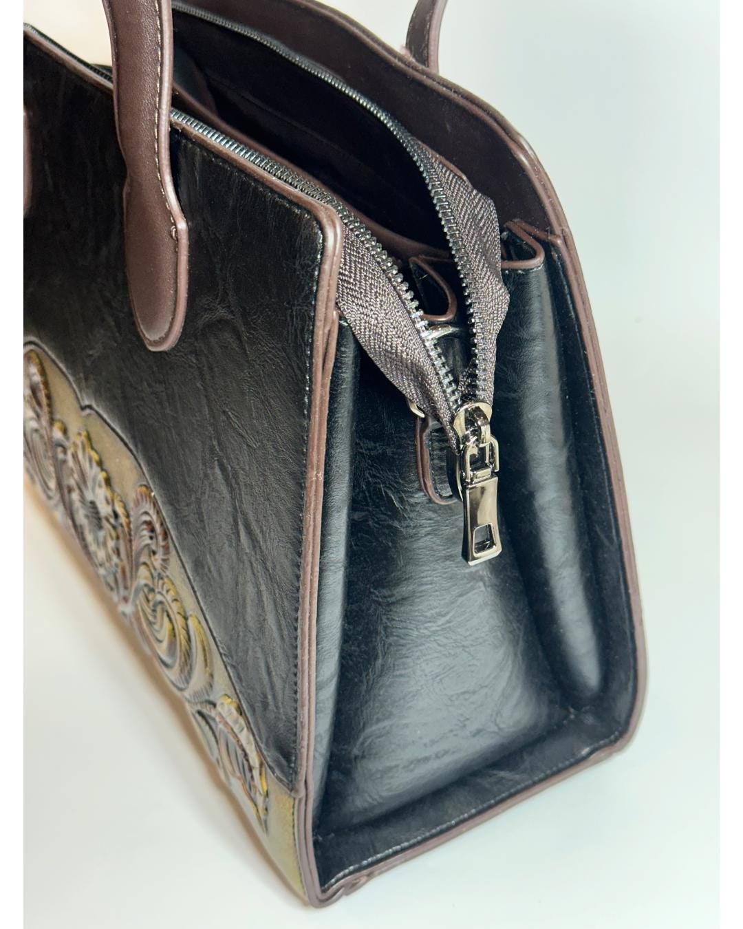 Luxury Handcrafted Black Leather Tote Bag with Vintage Floral Embossed Design – Elegant Shoulder Handbag for Women’s Fashion & Workwear (BLACKLUXE CRAFTS)