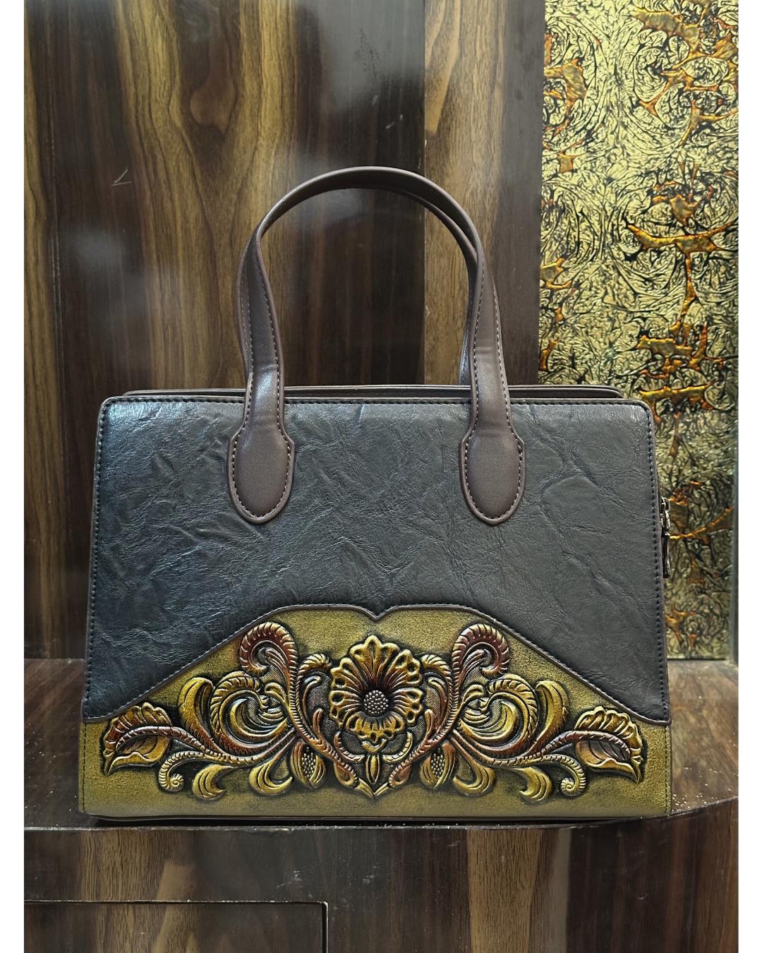 Luxury Handcrafted Black Leather Tote Bag with Vintage Floral Embossed Design – Elegant Shoulder Handbag for Women’s Fashion & Workwear (BLACKLUXE CRAFTS)