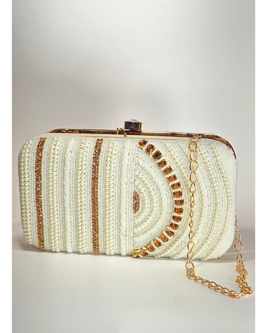 Handcrafted White Beaded Box Clutch with Gold Sequin Accents – Elegant Bridal & Evening Purse for Weddings, Parties & Special Occasions (BLACKLUXE CRAFTS)