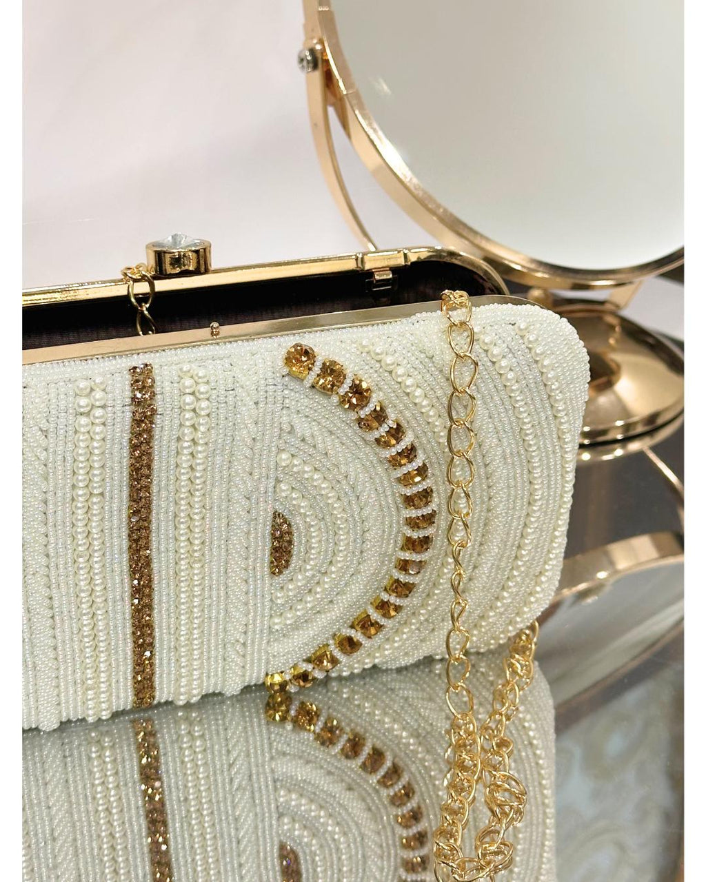 Handcrafted White Beaded Box Clutch with Gold Sequin Accents – Elegant Bridal & Evening Purse for Weddings, Parties & Special Occasions (BLACKLUXE CRAFTS)