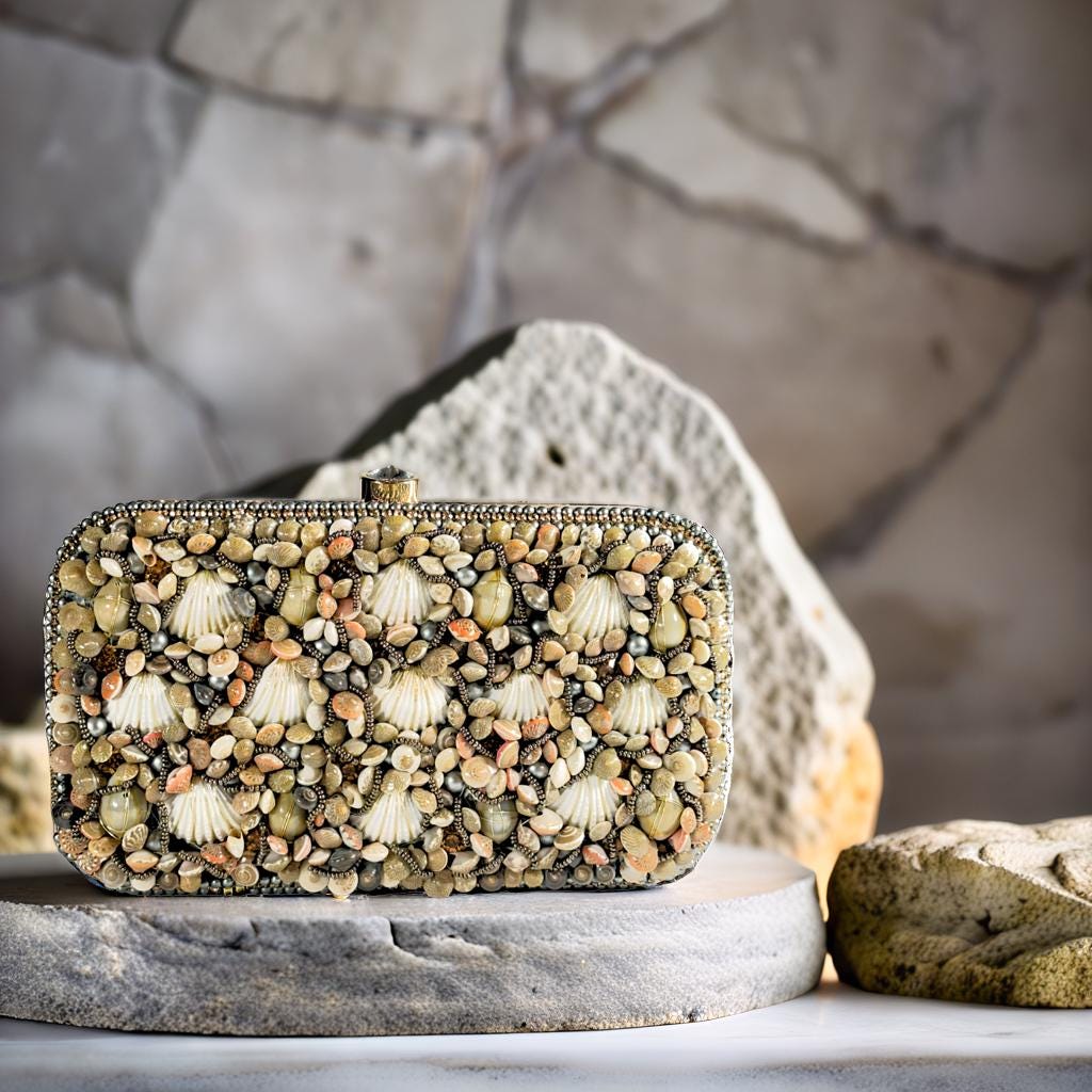 Handcrafted Seashell Beaded Box Clutch – Unique Coastal-Themed Evening Purse for Beach Weddings, Parties & Special Occasions