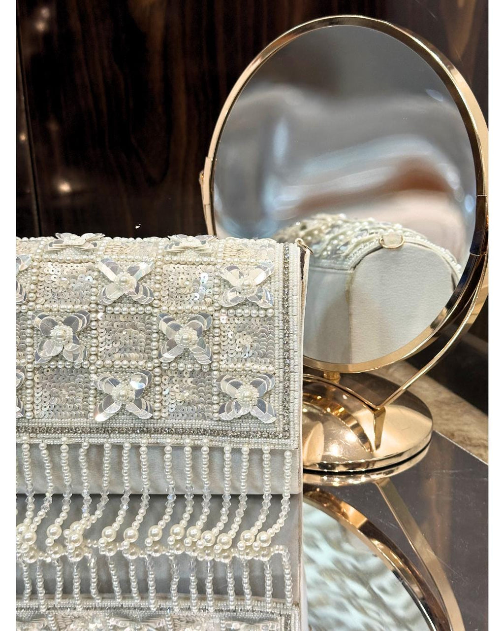 Luxury White Beaded Clutch Purse with Pearl Fringe & Sequin Floral Embellishments – Elegant Bridal & Evening Handbag for Weddings & Parties (BLACKLUXE CRAFTS)