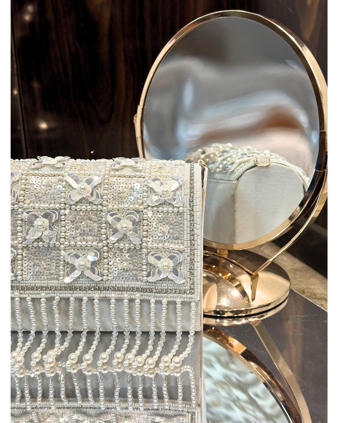 Luxury White Beaded Clutch Purse with Pearl Fringe & Sequin Floral Embellishments – Elegant Bridal & Evening Handbag for Weddings & Parties (BLACKLUXE CRAFTS)
